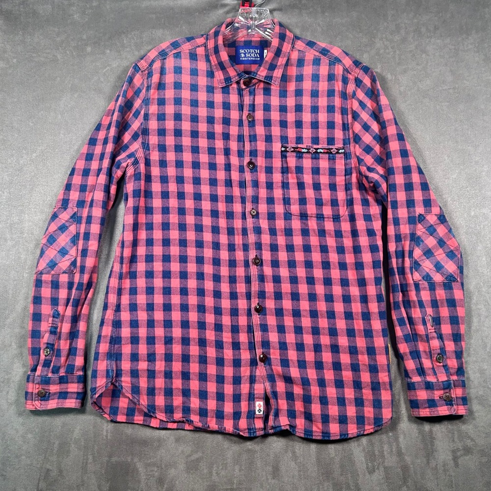 Scotch & Soda Amsterdam Slim Fit Red Navy Buffalo Check Beaded Pocket Shirt L